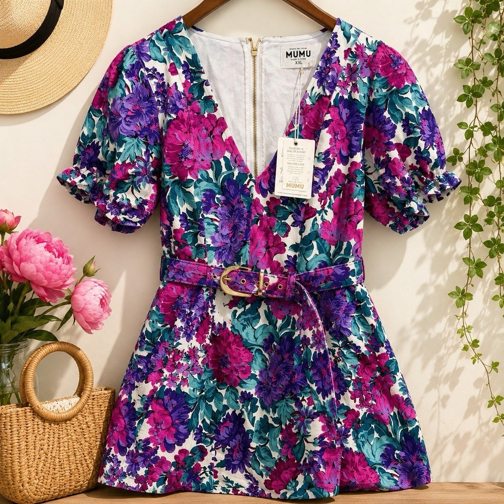 Show Me Your Mumu Zoey Belted Dress XXL Magenta Blooms Denim Floral NWT